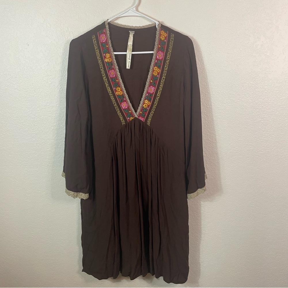 Uncle Frank Anthropologie Flowy Boho Floral Deep V Neck Long Sleeve Dress size S
